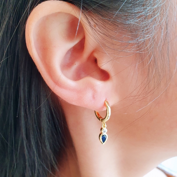 Beautiful Blue Teardrop Shaped huggie Hoop Earrings - Picture 3 of 4